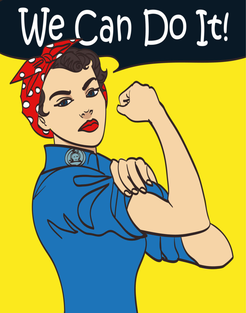 Poster "We can do it". Mulher com macacão azul e faixa vermelha na cabeça, mostrando braço forte.