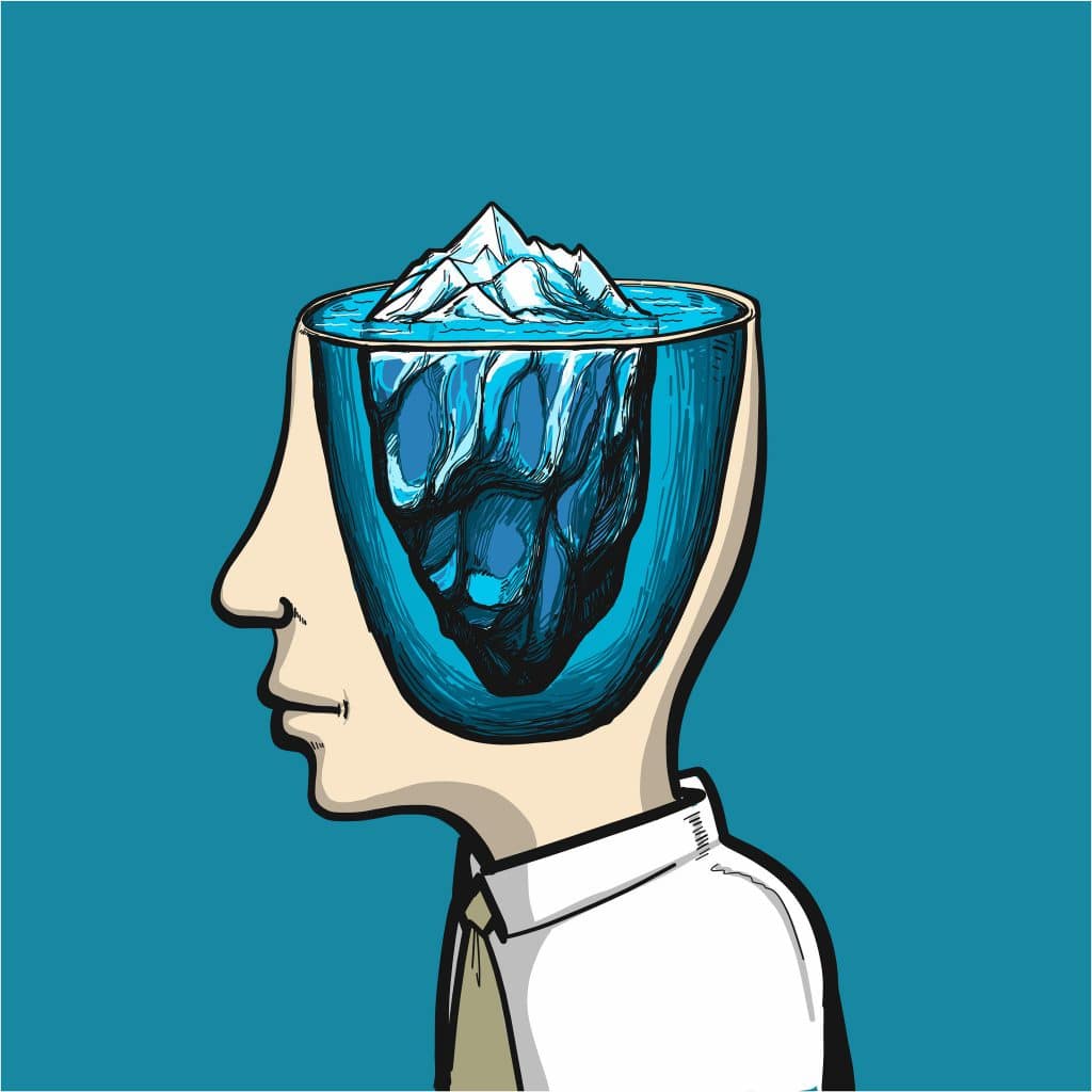 desenho de homem com o cérebro em forma de iceberg. uma analogia à psicologia. demonstra o consciente e o subconsciente de uma pessoa.