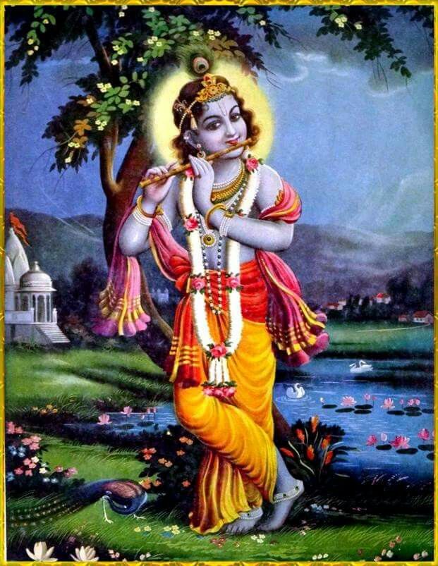Deusa Krishna em um jardim tocando sua flauta