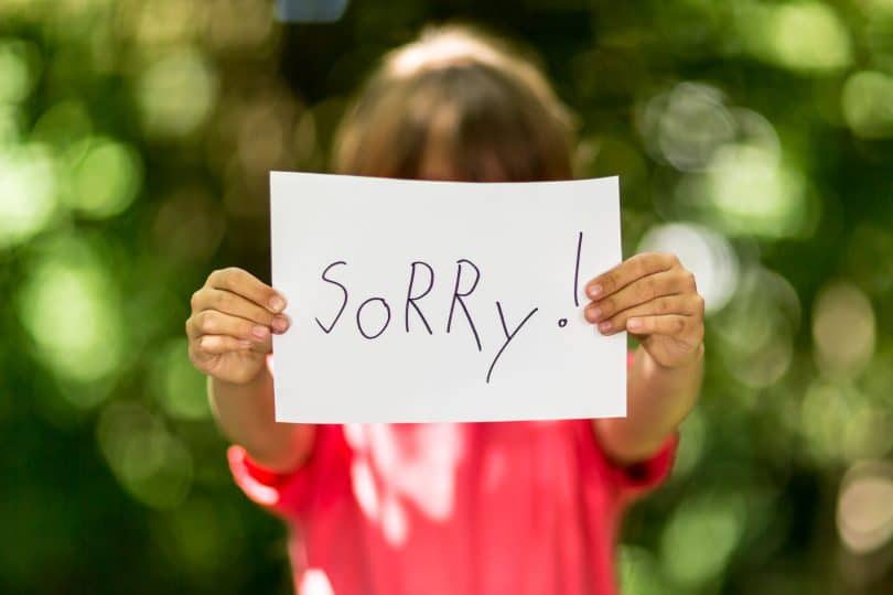 Mãos de criança segurando plaquinha escrito "Sorry!" no foco e criança desfocada ao fundo