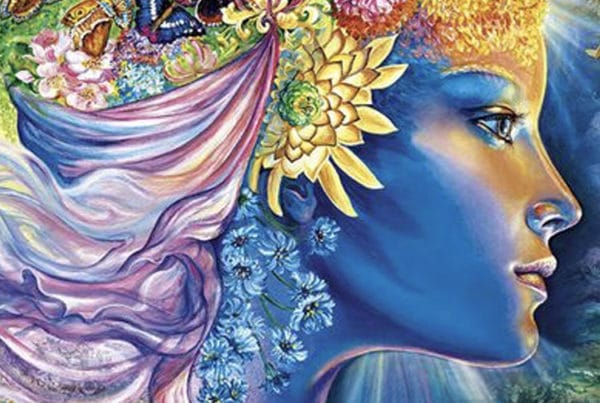 Ilustração da deusa Litha com flores e plantas em seu cabelo.
