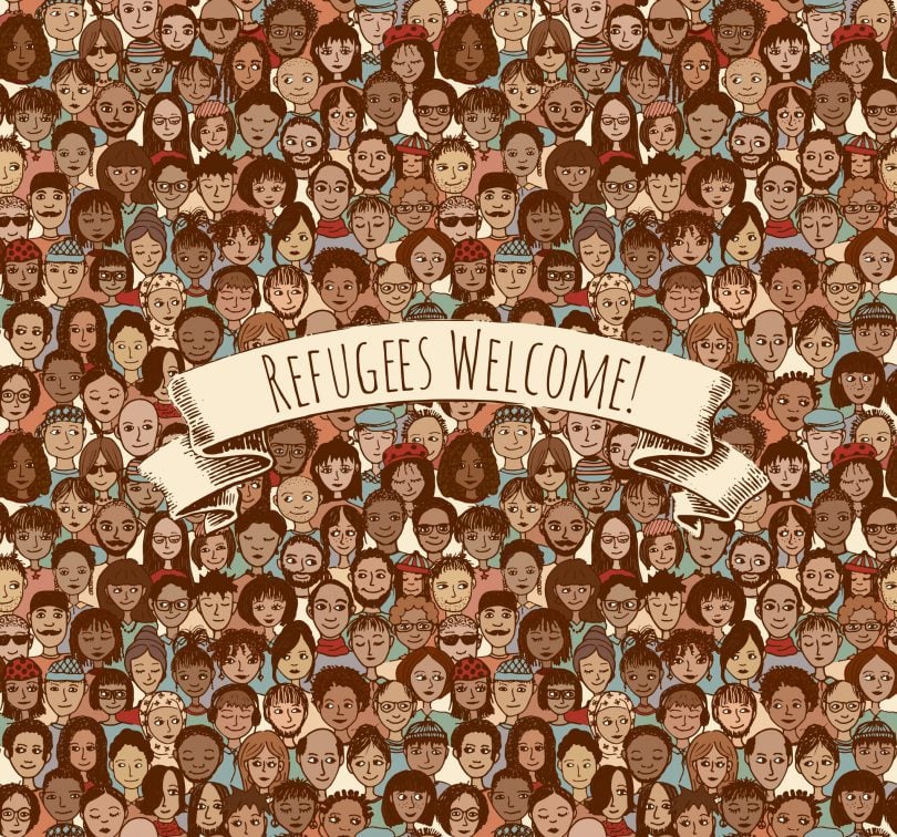 Dia do Refugiado - Ilustração de pessoas de diversas etnias e nacionalidades, representando a diversidade de refugiados, com o escrito Bem - vindo refugiados, no meio da imagem.