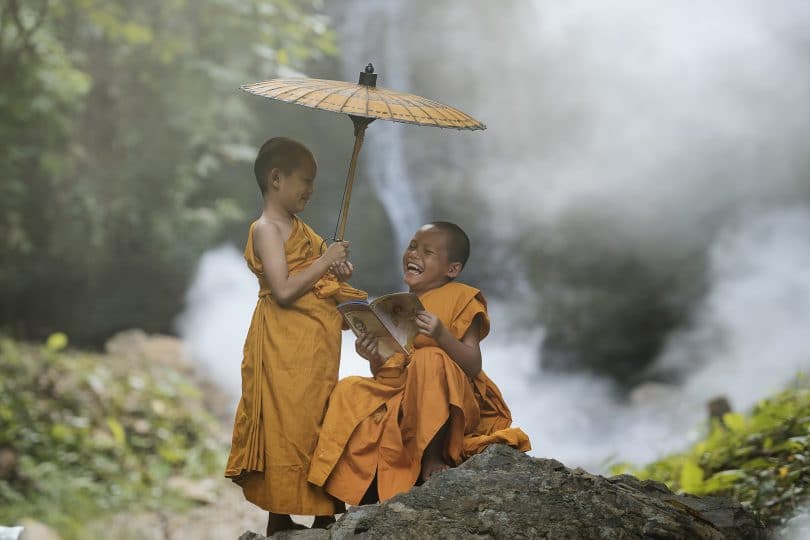 Dois pequenos monges budistas conversando e rindo. Um deles está segurando um guarda chuva e o outro lê um livro. Ambos estão sentados em uma pedra na floresta.
