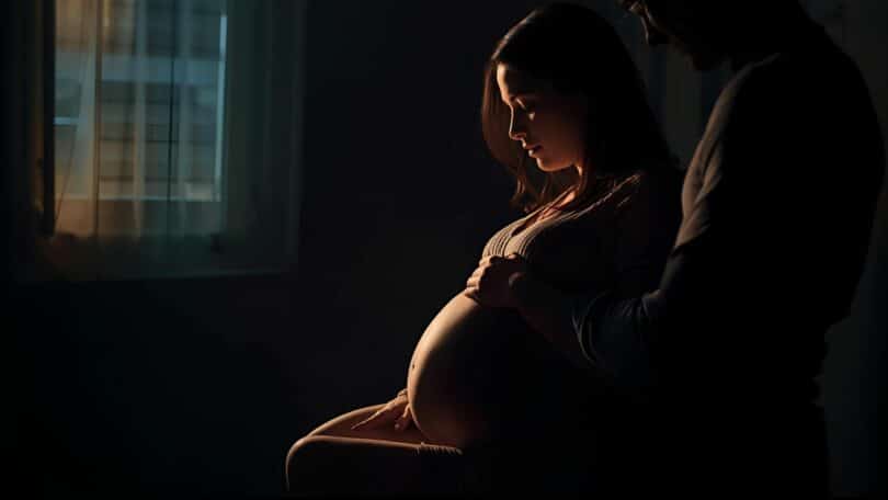 Imagem de uma mulher grávida sentada em uma cadeira e ao lado o seu esposo. Ela está quase entranda em trabalho de parto.