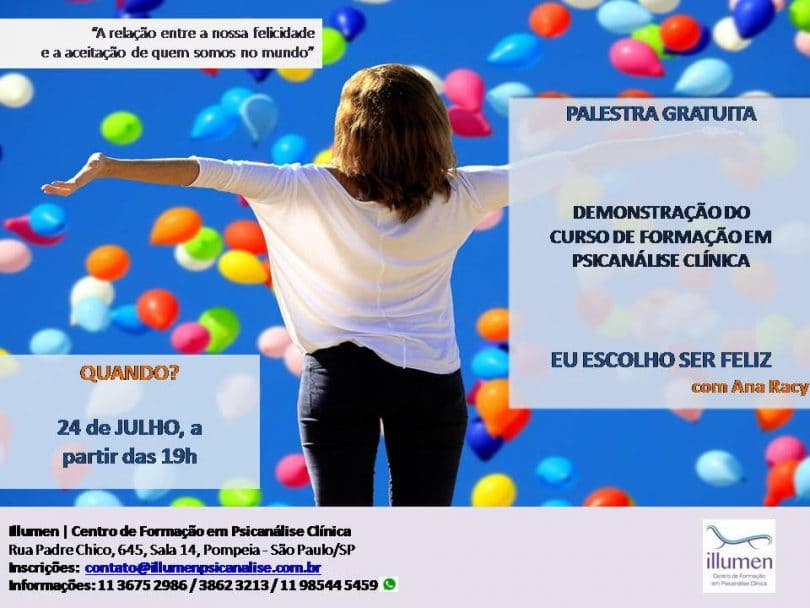 Palestra gratuita sobre formação em psicanálise clínica. Mulher com os braços abertos olhando para o céu azul cheio de balões coloridos.