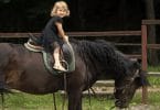 Menina sorrindo em sessão de equoterapia sobre cavalo,