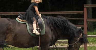 Menina sorrindo em sessão de equoterapia sobre cavalo,