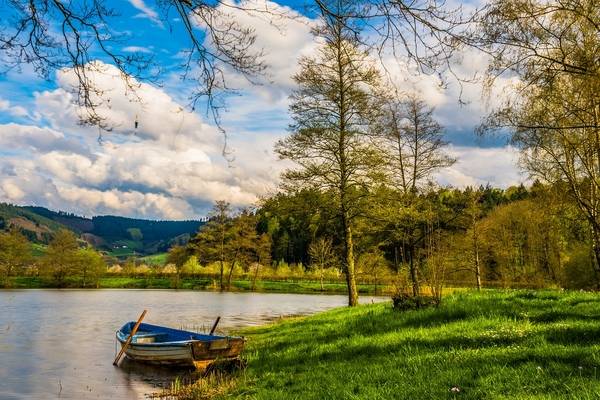 Foto de barco de madeira pequeno, em um lago cercado por árvores e elementos da natureza barco em um lago