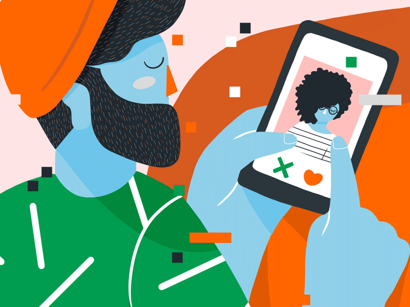 Ilustração homem com celular em app de relacionamento