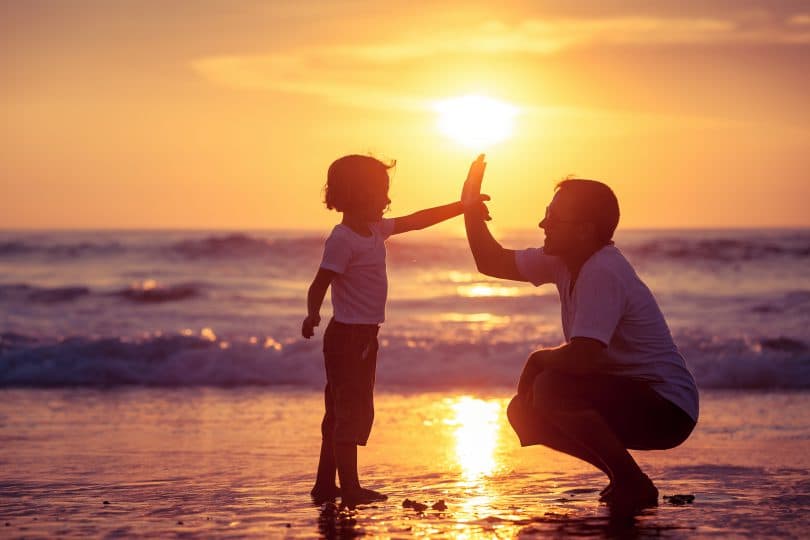 Pai e filho tocando as mãos em praia.