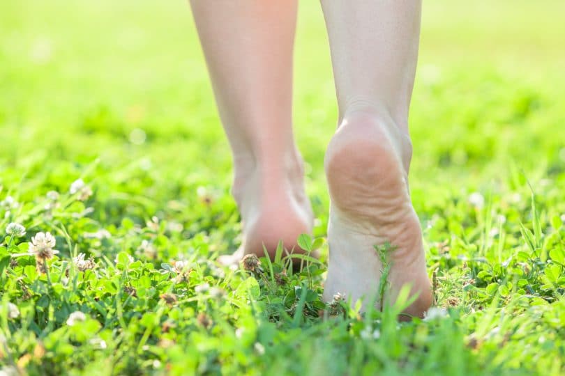 Pés descalços andando em gramado verde florido.