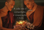 Foto de dois monges ascendendo uma luz, com a frase "A vida não é competição, é cooperação " escrita em branco.