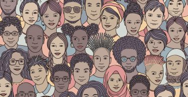 Ilustração gráfica de pessoas de diversas etnias.