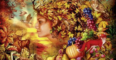 Ilustração de rosto de mulher sendo formado por plantas, frutos e legumes, em uma floresta no outono.