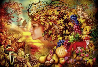 Ilustração de rosto de mulher sendo formado por plantas, frutos e legumes, em uma floresta no outono.