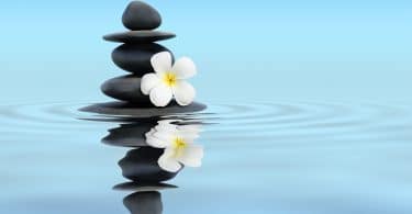 Imagem panorâmica de pedras empilhadas , ao lado de uma flor branca, em um lago, representando a harmonia e tranquilidade.