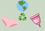 Ilustração de calcinha e coletor menstrual em harmonia com o planeta