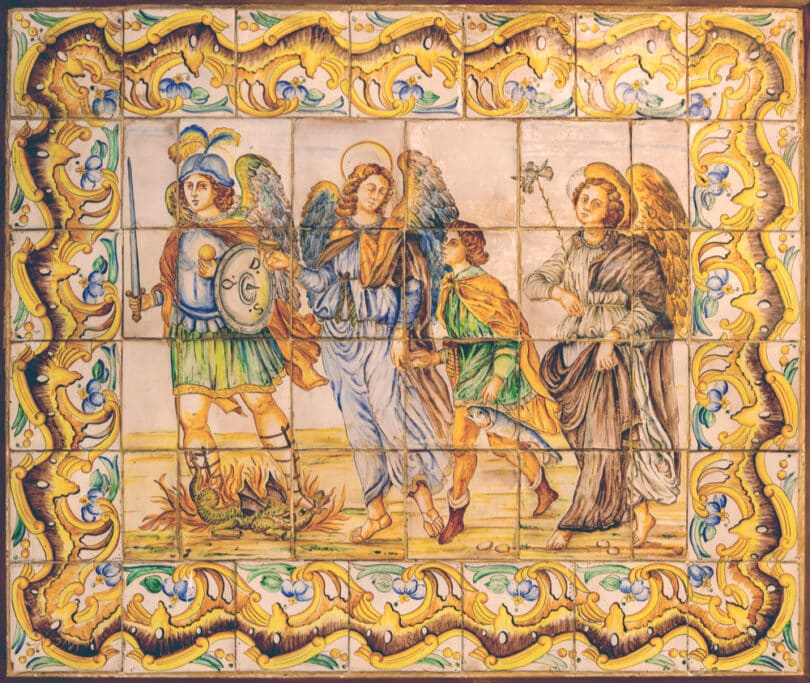 Arcanjos Miguel, Gabriel e Rafael representados em pintura.