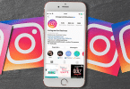 iPhone com o Instagram Business aberto com ícones da rede social ao redor.