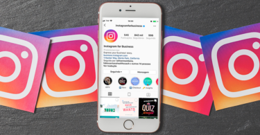 iPhone com o Instagram Business aberto com ícones da rede social ao redor.