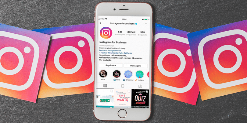 iPhone com o Instagram Business aberto com ícones da rede social ao redor.