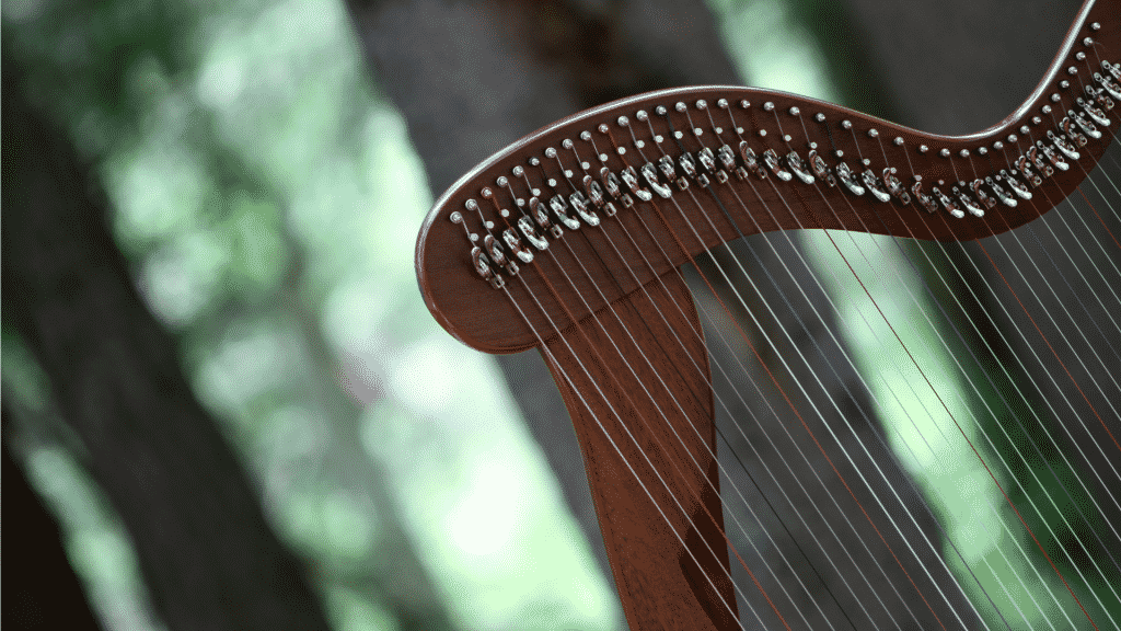 Imagem de uma harpa céltica na floresta.