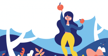 Ilustração de mulher pegando maçãs do pé