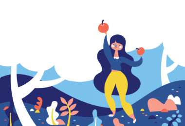 Ilustração de mulher pegando maçãs do pé