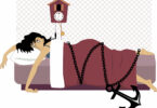 Ilustração de mulher deitada na cama.