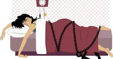 Ilustração de mulher deitada na cama.