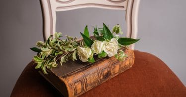 Livro fechado em cima de uma cadeira com rosas em cima.