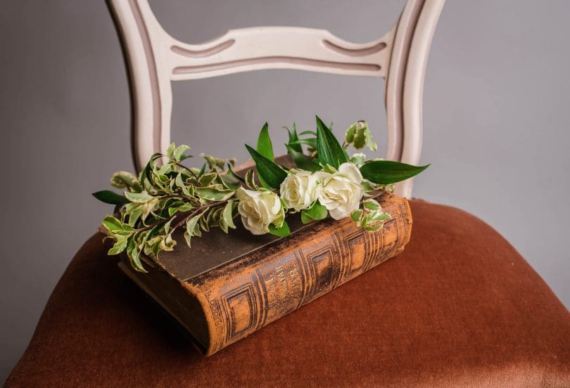 Livro fechado em cima de uma cadeira com rosas em cima.