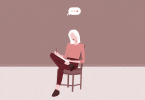 Ilustração de mulher sentada em cadeira escrevendo