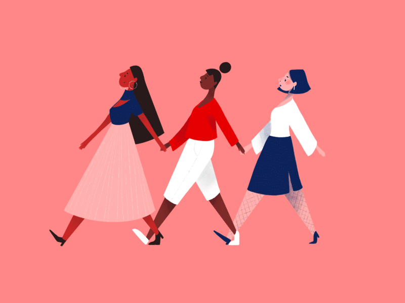 Ilustração de mulheres de mãos dadas caminhando.