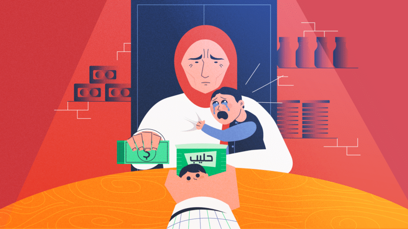 Ilustração de uma mulher pobre comprando comida para o filho, que chora.