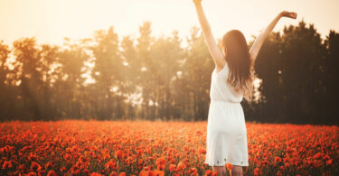 Mulher de costas em campo de flores vermelhas