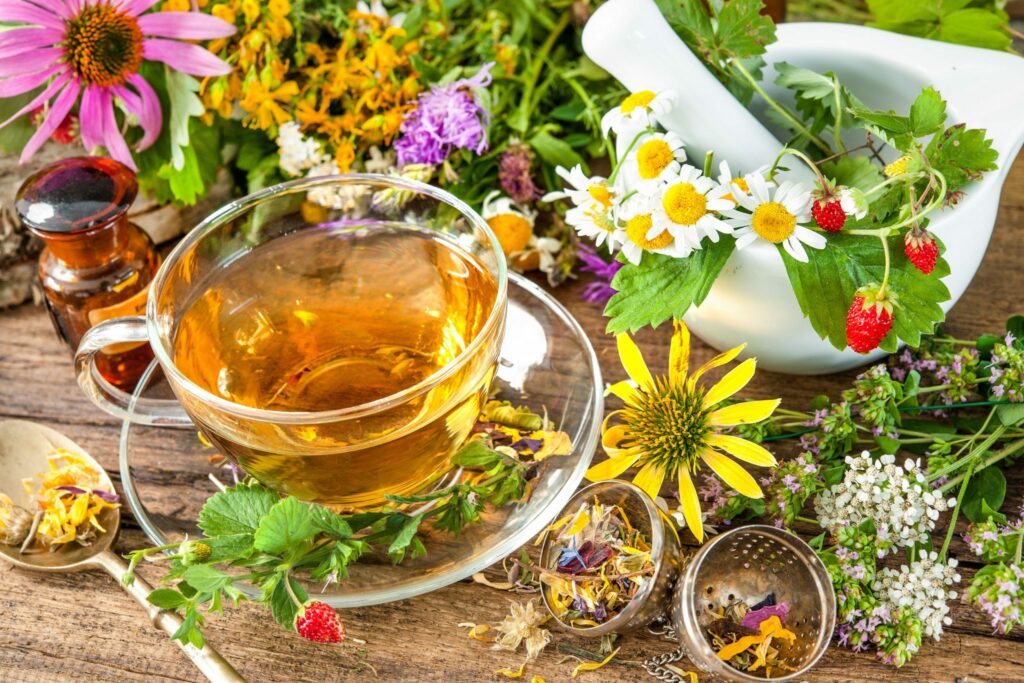 Xícara de chá herbal, com muitas plantas em volta e um pilão em cima de uma mesa de madeira.