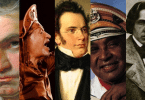 Colagem de fotos dos compositores Beethoven, Alceu Valença, Schubert, Luiz Gonzaga e Chopin.