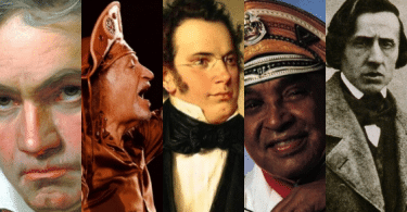 Colagem de fotos dos compositores Beethoven, Alceu Valença, Schubert, Luiz Gonzaga e Chopin.