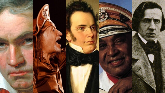 Colagem de fotos dos compositores Beethoven, Alceu Valença, Schubert, Luiz Gonzaga e Chopin.