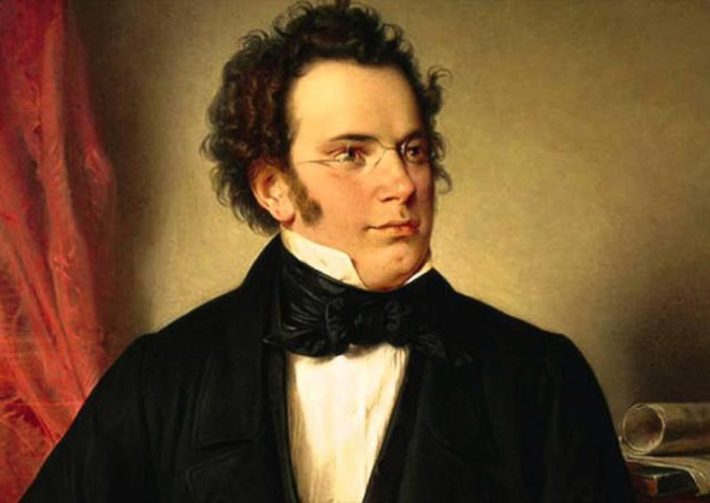 Pintura de Franz Schubert, com óculos e roupas pretas.