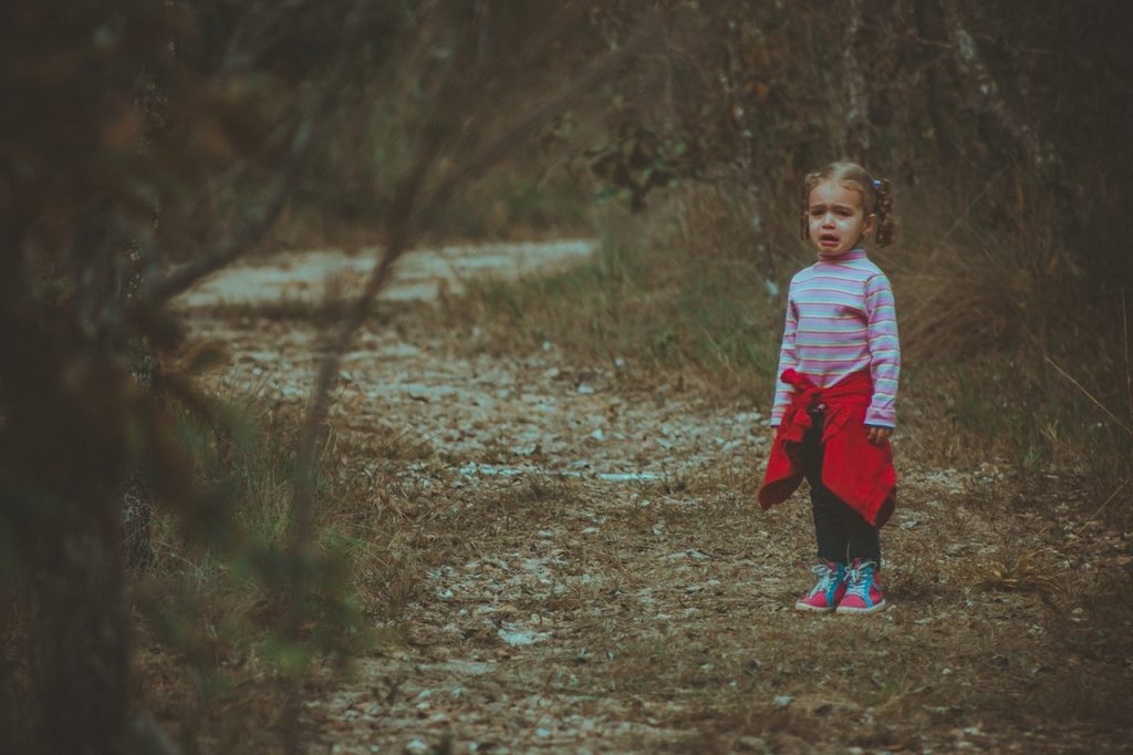 Menina pequena sozinha em floresta, chorando.