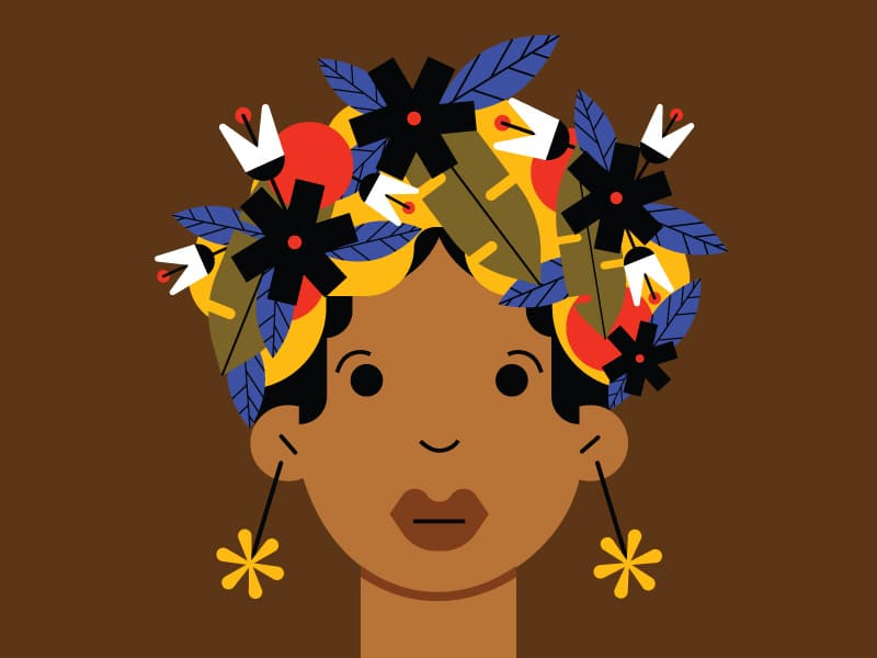 Ilustração de mulher negra com flores no cabelo.