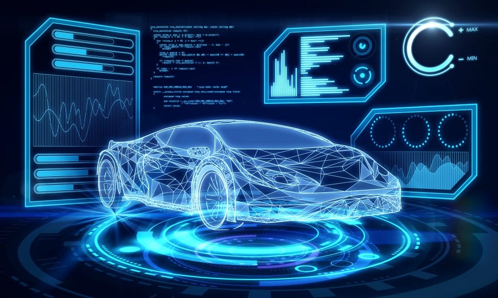 Interface criativa de carro azul no papel de parede escuro. Transporte, engenharia, futuro e conceito de tecnologia.