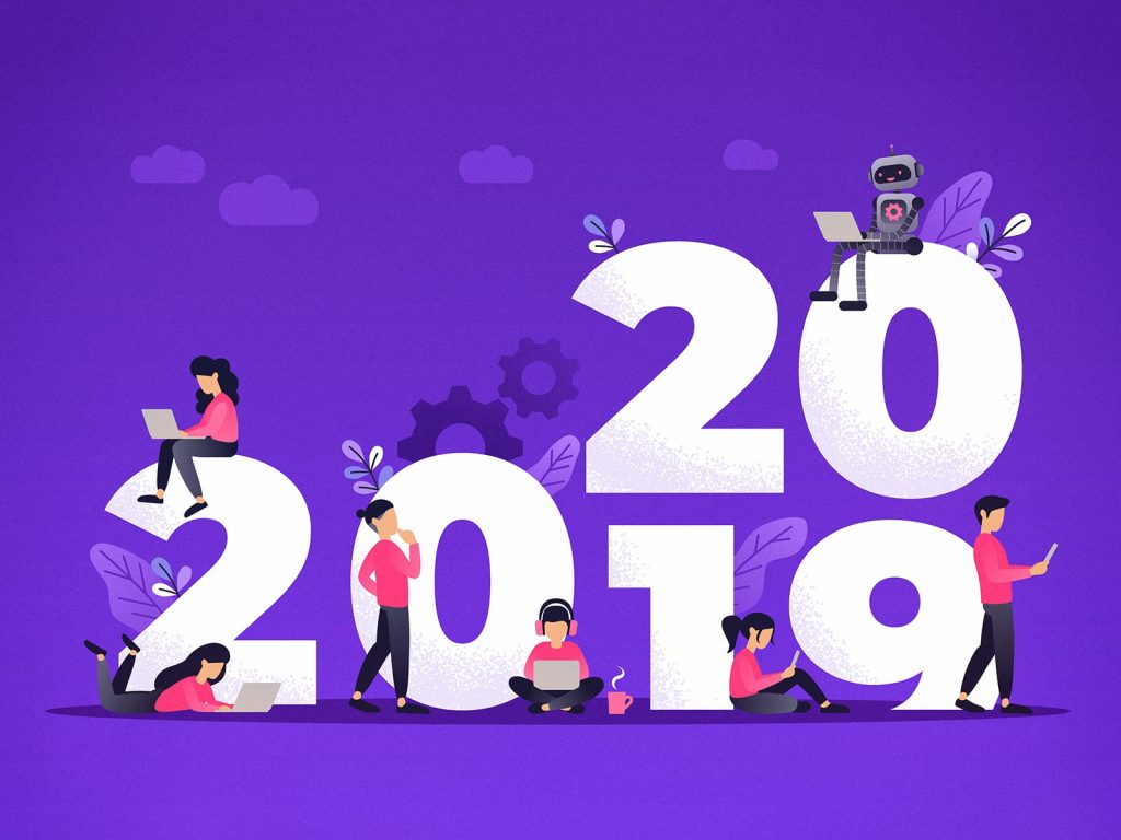 Ilustração de pessoas usando dispositivos eletrônicos enquanto o ano de 2019 dá lugar ao de 2020.