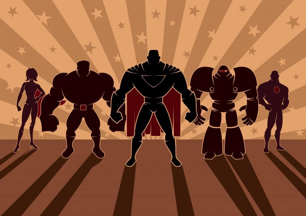 Cinco super heróis das histórias em quadrinhos.