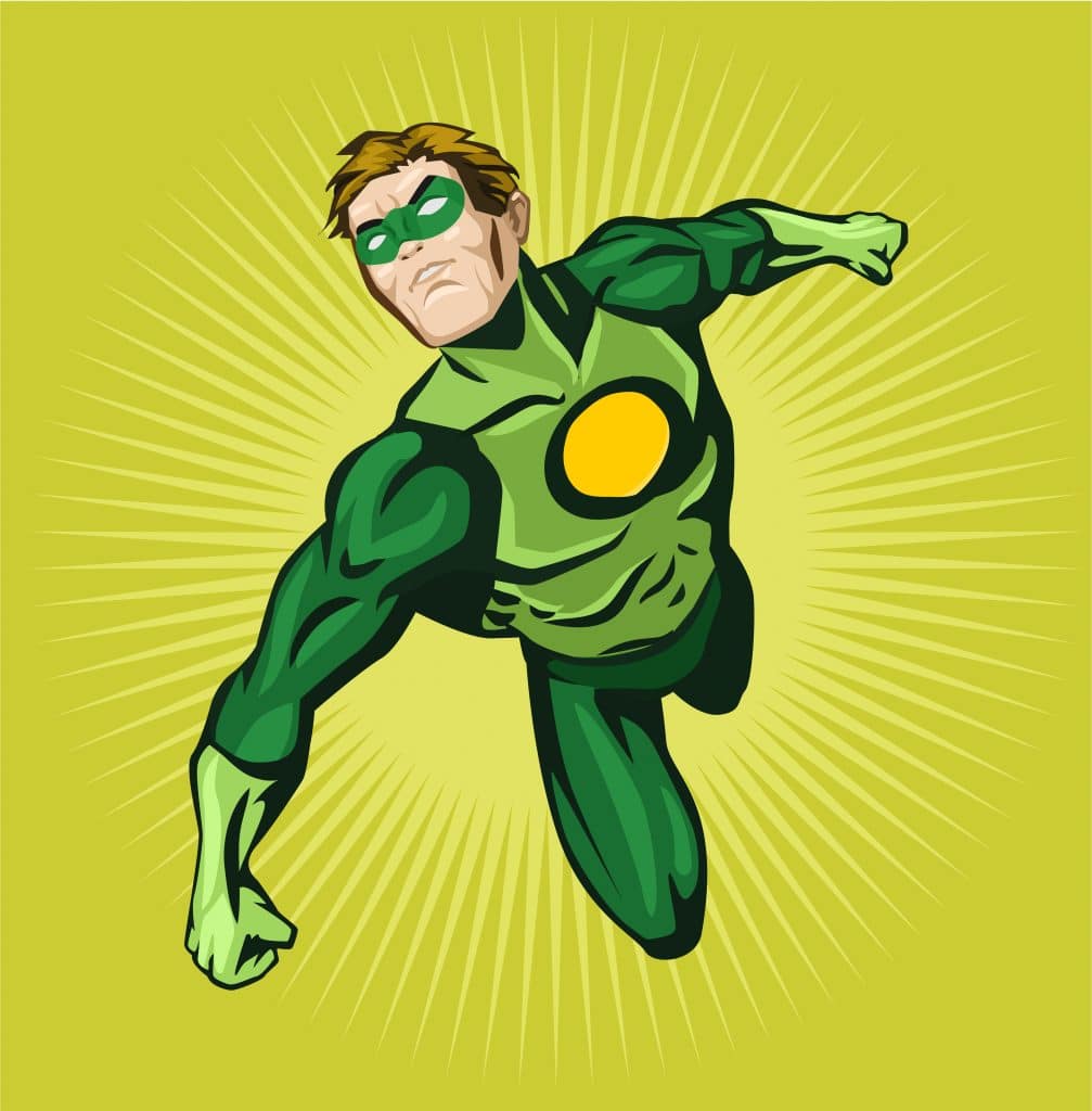 Mais um super herói das histórias em quadrinhos. Ele veste um macacão e uma máscara verde.