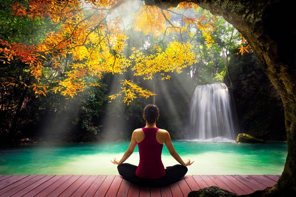 Mulher em posição de meditação. Ela está de frente para uma cascata de cachoeira sob uma árvore bem bonita e frondosa.
