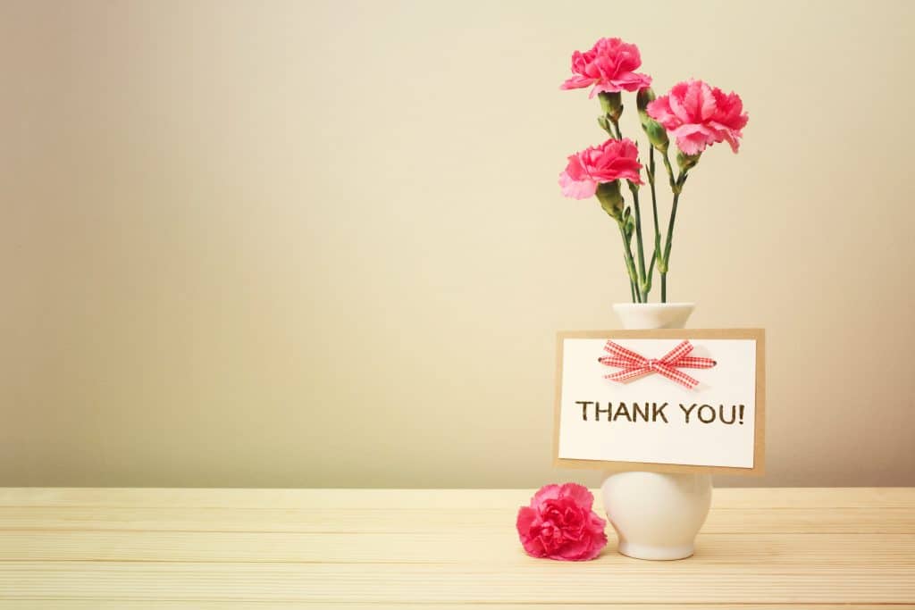 Vaso branco com três flores de cravos avermelhadas. Alguns botões da flor ainda estão fechados. No vaso está pendurado uma plaquinha escrita THANK YOU.