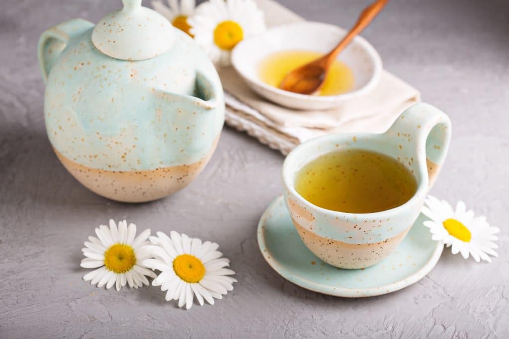 Chá de Melissa servido em uma xícara com pires. Ao lado dela um bule feito com o mesmo material e cor da xícara. Também temos sobre a mesa um recipiente branco com mel para adoçar o chá. Algumas margaridas e uma toalha bege decoram a mesa.